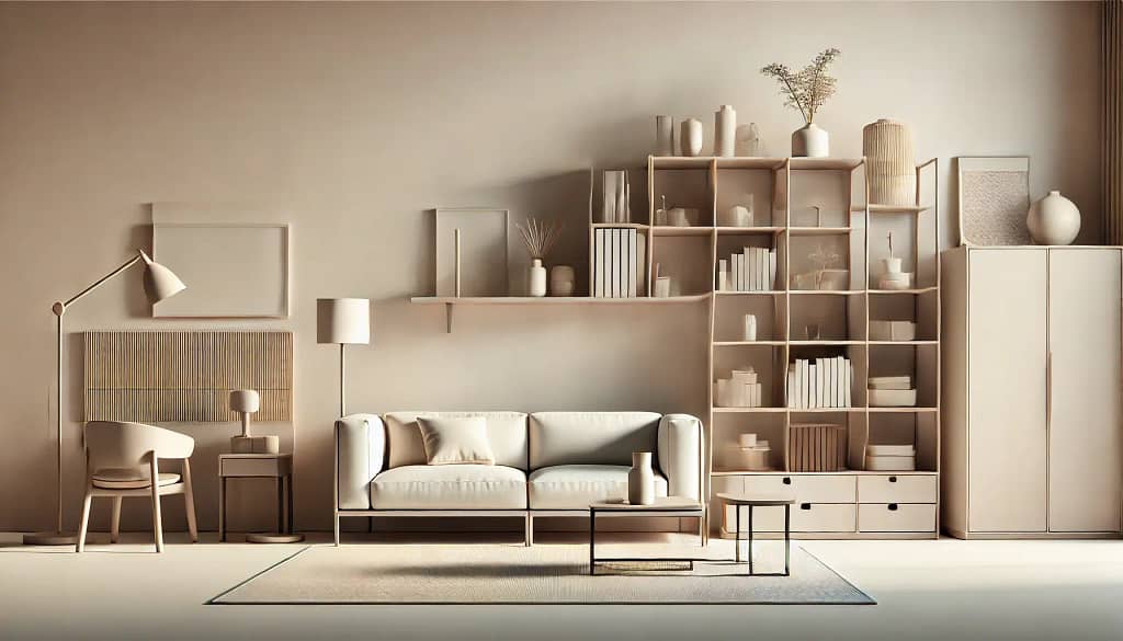 Sala minimalista e organizada com móveis funcionais, incluindo um sofá, mesa de centro e prateleiras decoradas de forma prática