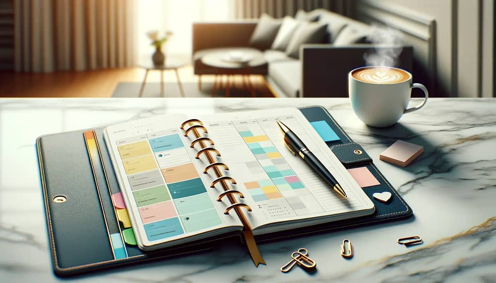Planner aberto com notas organizadas, uma caneta estilosa e uma xícara de café sobre uma superfície de mármore.