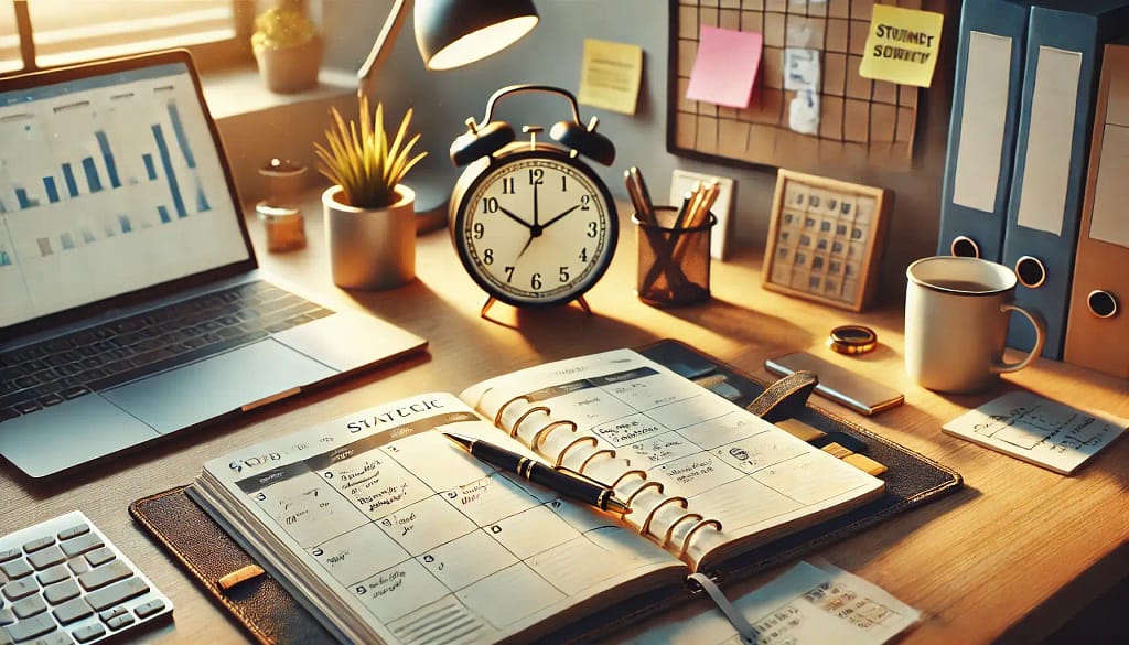 Espaço de trabalho organizado com planner aberto, anotações estratégicas, caneta e relógio, simbolizando produtividade