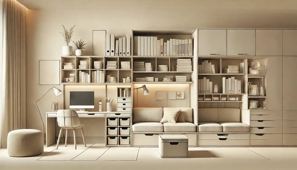 Sala minimalista e bem organizada, com móveis multifuncionais, decoração equilibrada e ambiente acolhedor
