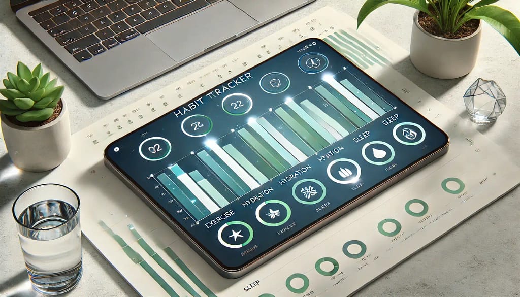 Interface de um rastreador de hábitos digital com metas alcançadas, checklist e barras de progresso em um fundo moderno