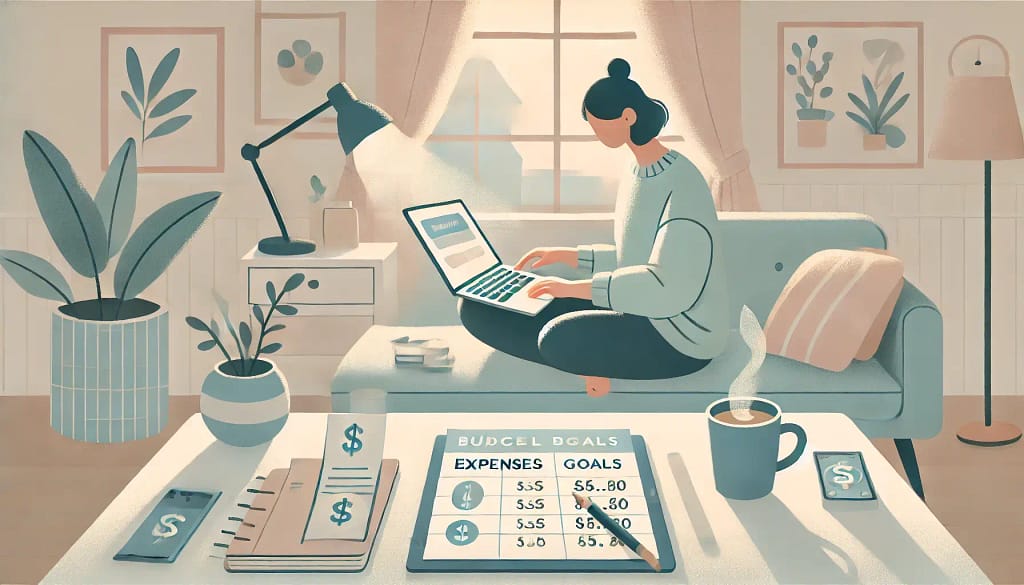 Pessoa reuniões suas finanças com um aplicativo ou planner, em uma mesa organizada com uma xícara de café ao lado.