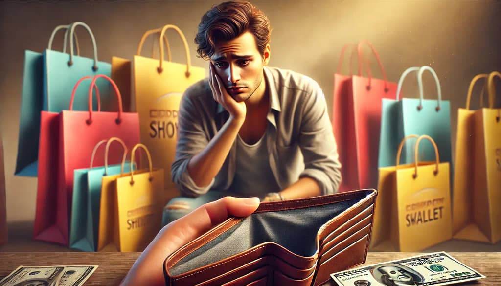 Pessoa segurando sacolas de compras enquanto olha para sua carteira vazia com expressão preocupada, simbolizando os efeitos das compras impulsivas
