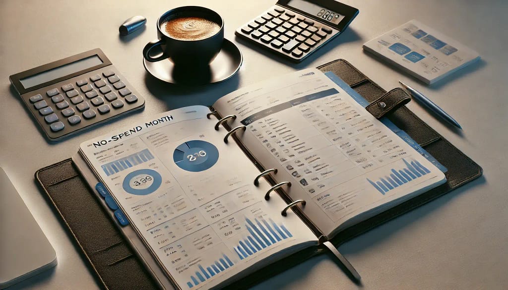 Mesa organizada com planner financeiro aberto, calculadora e xícara de café ao lado, simbolizando planejamento e controle financeiro.