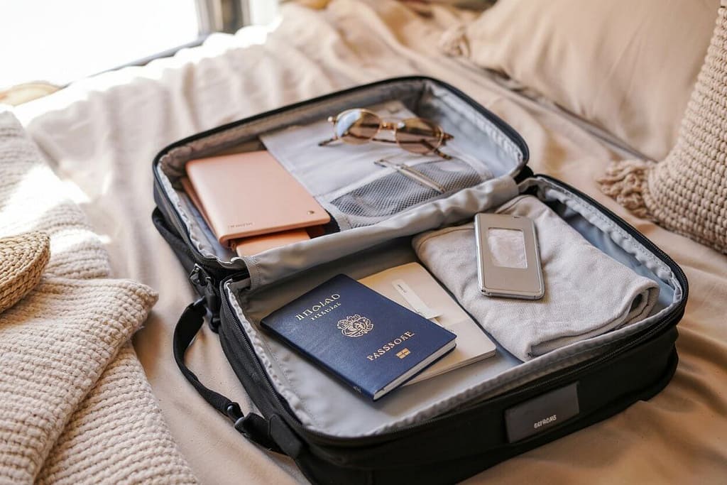 Mochila aberta sobre cama com itens de viagem organizados: roupas, passaporte, escova de dente, garrafa e luz natural pela janela
