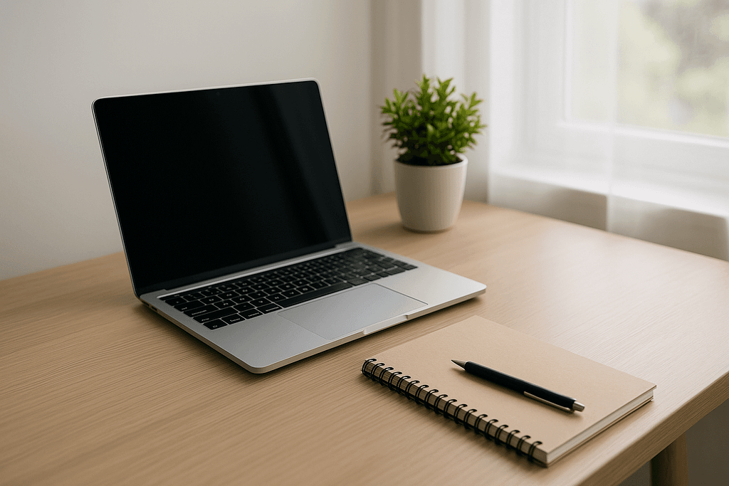 Mesa minimalista com notebook, caderno, planta e luz natural suave entrando pela janela