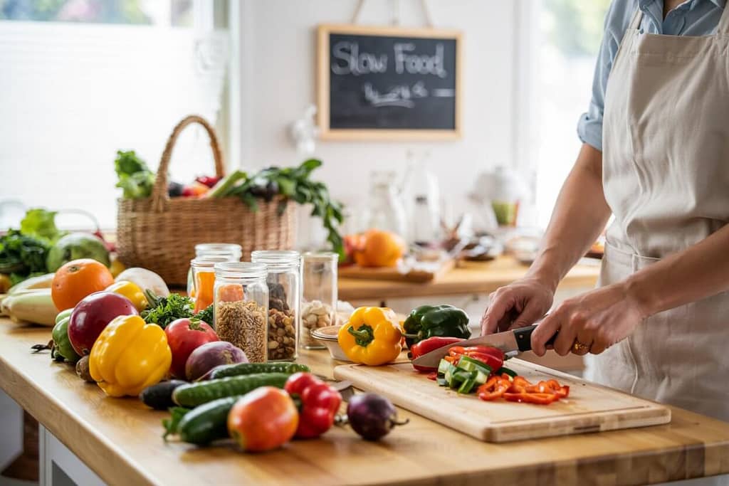Cozinha iluminada com alimentos organizados, potes de vidro, cesta com reaproveitamentos e pessoa sorridente cortando ingredientes